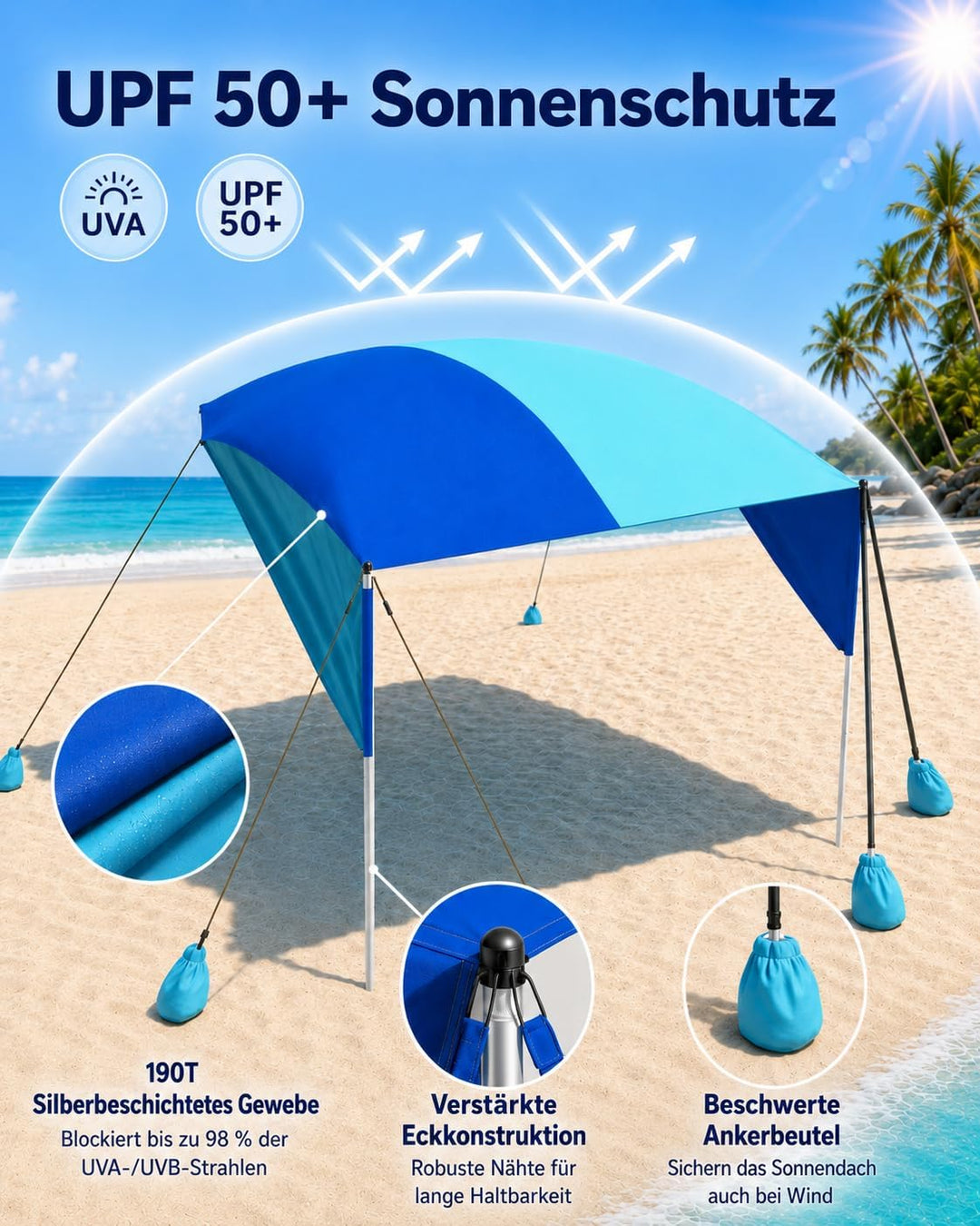 Strand-Sonnensegel 3 x 3 m, windfest, UPF 50+, für 4–6 Personen | 9,3 m² Schattenfläche mit Stangen