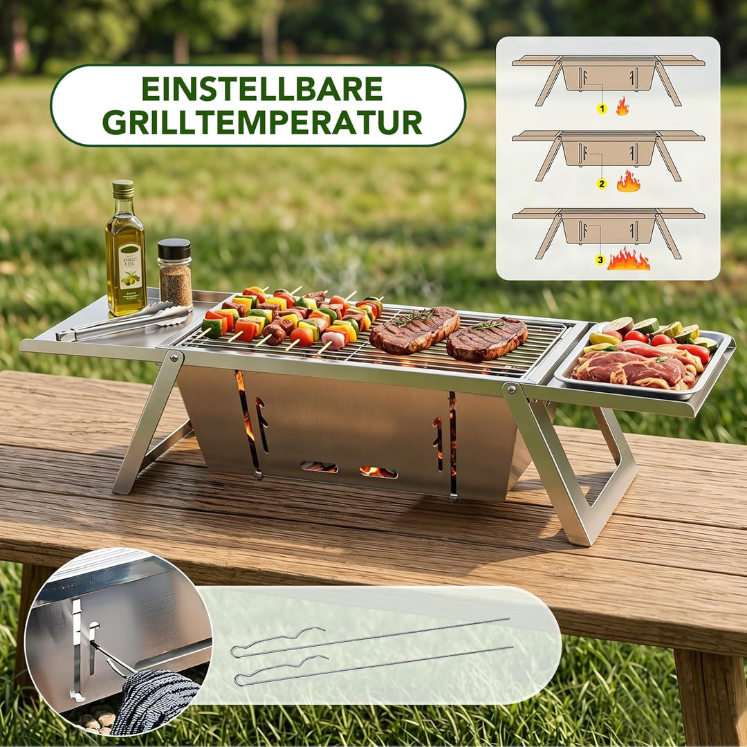 E EASTSTORM Camping Grill, Klappgrill Holzkohlegrill mit 4-stufiger Hitzeverstellung, Mini Tischgril