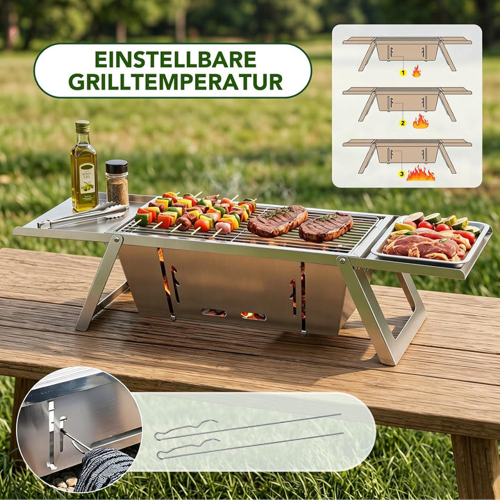 E EASTSTORM Camping Grill, Klappgrill Holzkohlegrill mit 4-stufiger Hitzeverstellung, Mini Tischgril