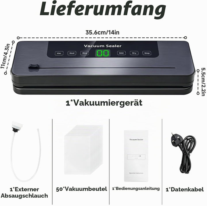 6-in-1 Vakuumiergerät, Vakuumierer mit 30cm Siegelnaht und Digitaler LED-Countdown-Anzeige,50PCS Vak