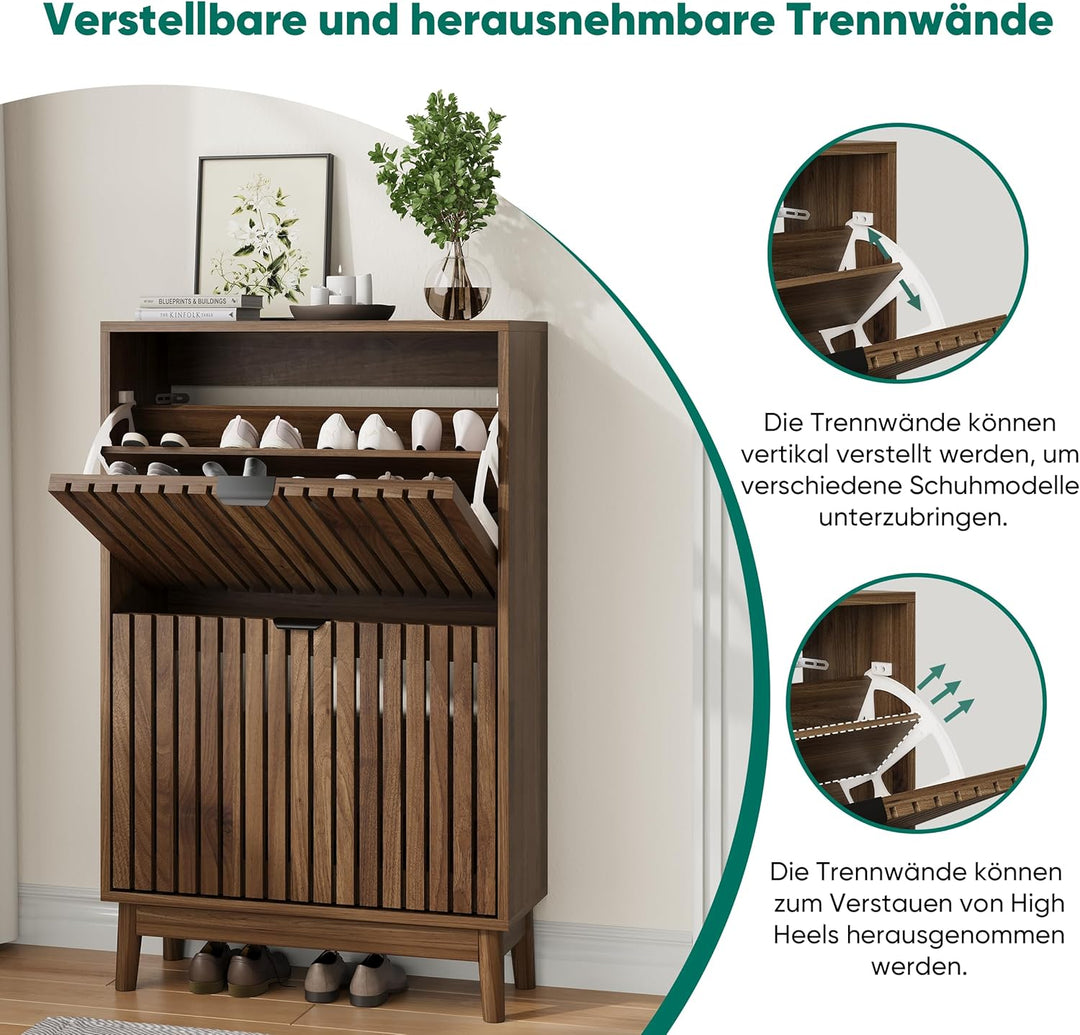 Kiasthome 2-flügiger Schuhschrank mit Klappschubladen, Holz-Schuhorganizer mit belüfteten Lamellentü