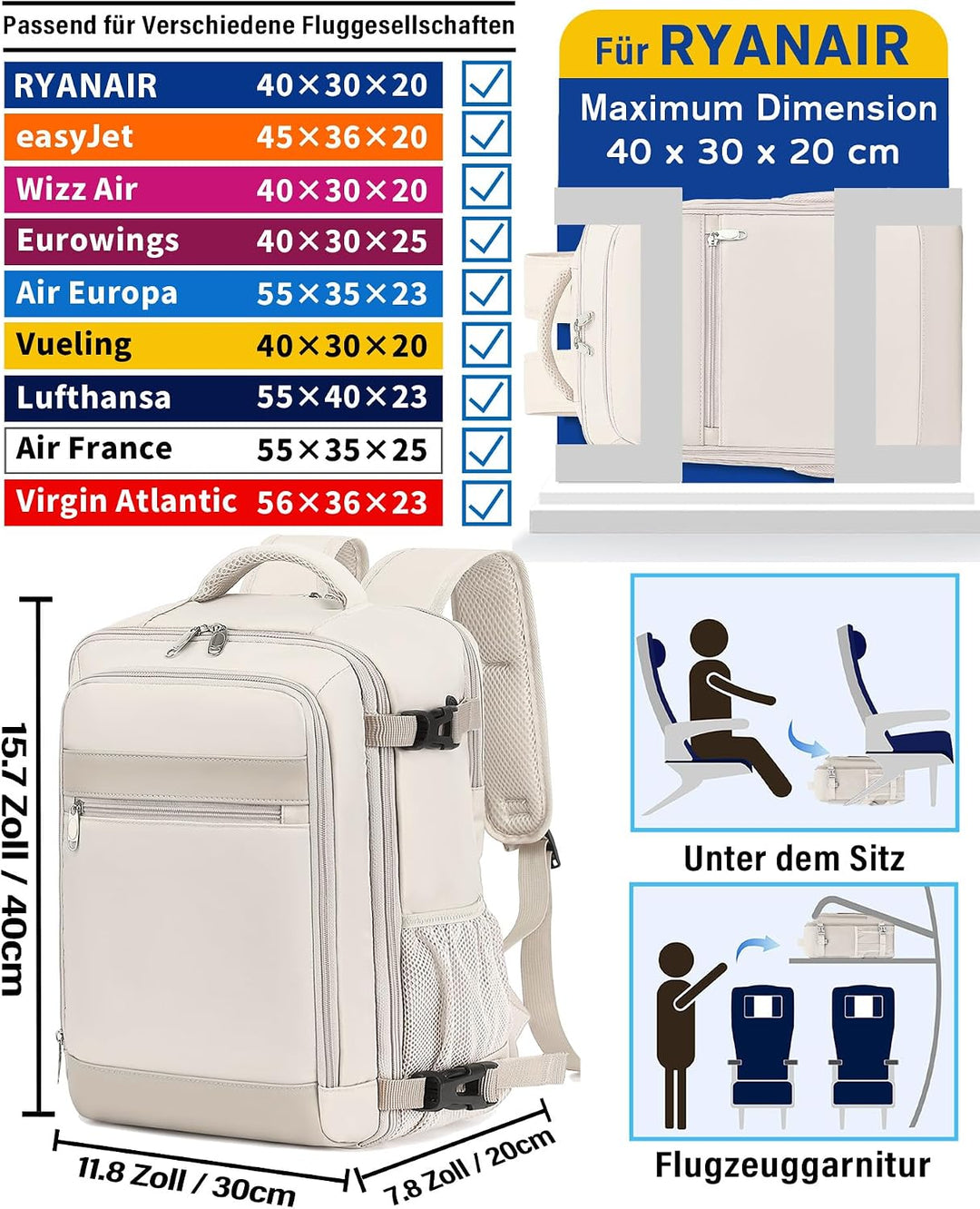 Handgepäck Rucksack 40x30x20 cm Travelite Reiserucksack 24L für Ryanair EasyJet Eurowings Flugreisen
