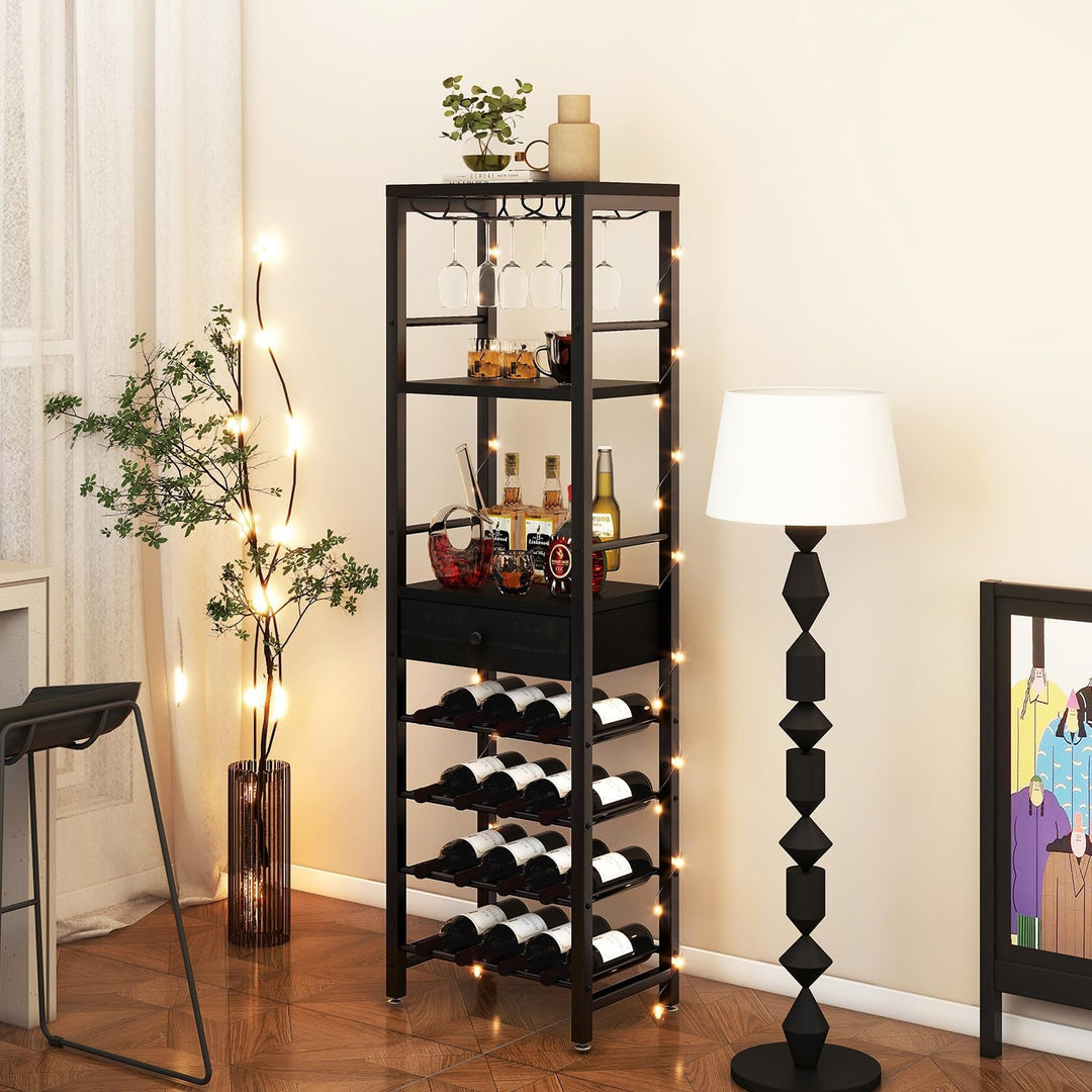 IBUYKE Weinregal, 4-Lagiges Freistehendes Weinregal Mit Glashalter Und Schublade, 16 Flaschenregal C