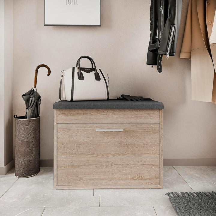 KOMTO Schuhbank mit Sitzfläche Sonoma Eiche – Schuhschrank mit Sitzbank, Schuhbank mit Klappe, Schuh