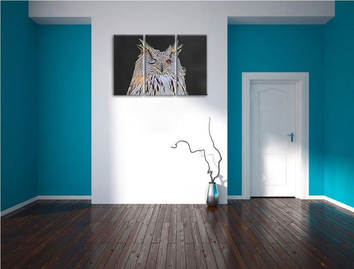 zwinkernde Waldohreule schwarz/weiss Deluxe 3-Teiler Leinwandbild 120x80 Bild auf Leinwand, XXL ries