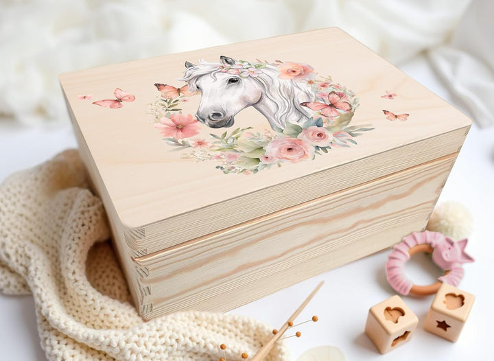 Little Deco Baby Erinnerungsbox Holzkiste mit Pferd & Blumenkranz | L - 40 x 30 x 22 cm | Ideal zur