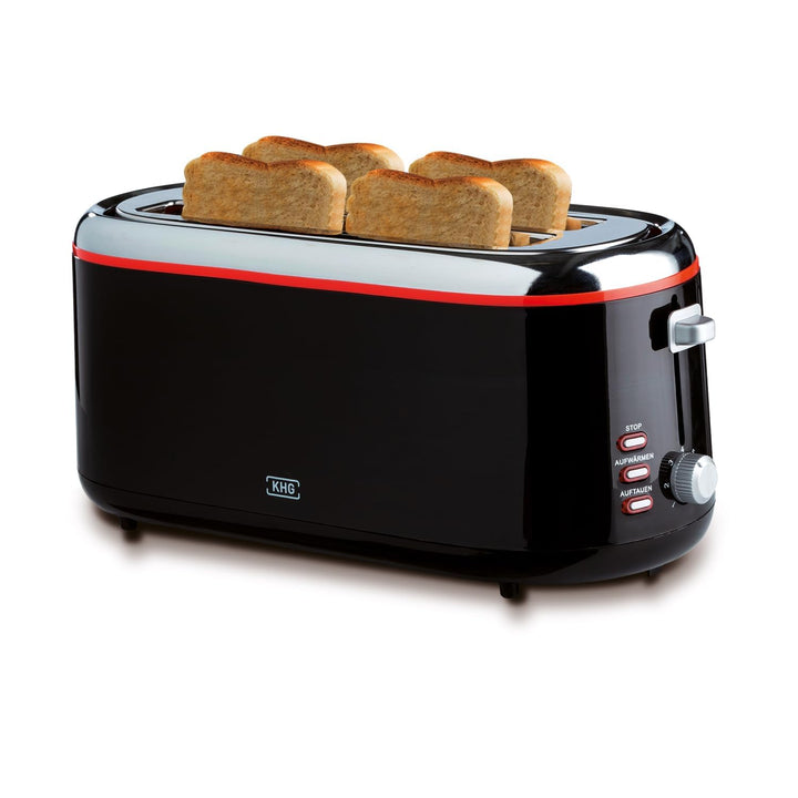 KHG TO-1301LSS Toaster Langschlitz, schwarz, 4 Scheiben, Kunststoff, mit Brötchenaufsatz, 7 Röstgrad