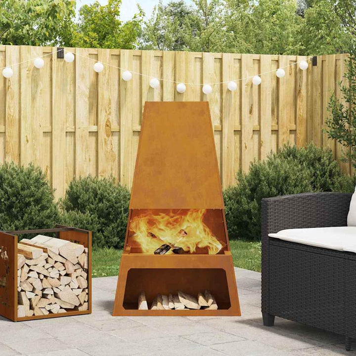 Gecheer Feuergrill, kegelförmiges Design, 60x35x100 cm, Cortenstahl, für Aussenbereich und Entspannu