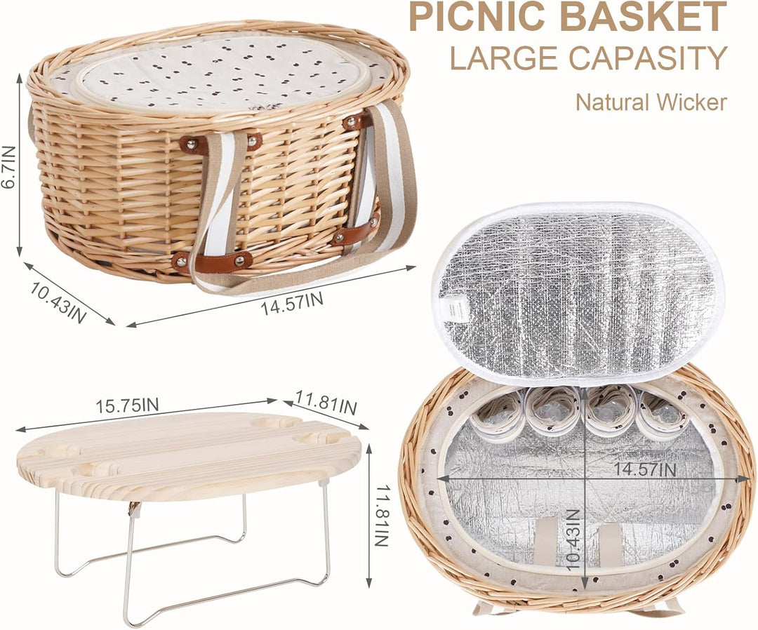 Picknickkorb-Set für 4 Personen – Isolierter Weidenkorb mit klappbarem Weintisch, Picknickset mit In