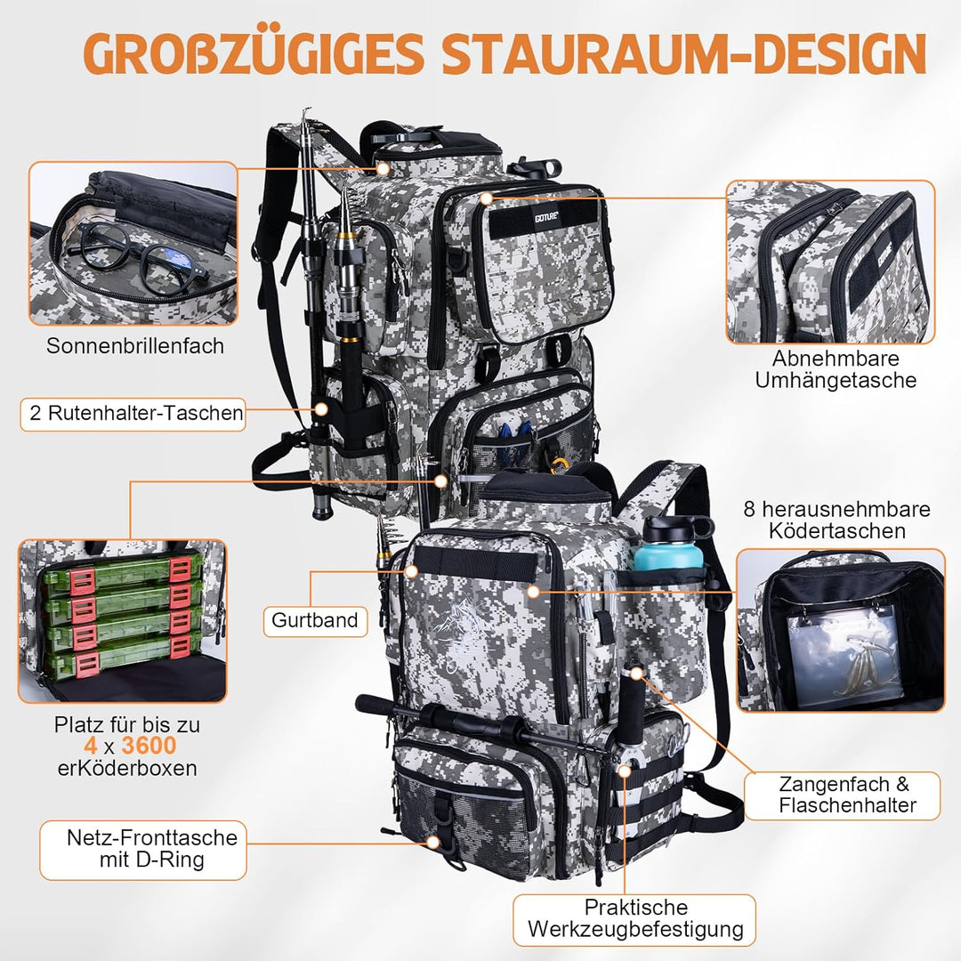 Goture Angelrucksack mit 4 Köderbox Angeln, 58-Liter Angelzubehör-Rucksack mit abnehmbarer Umhängeta