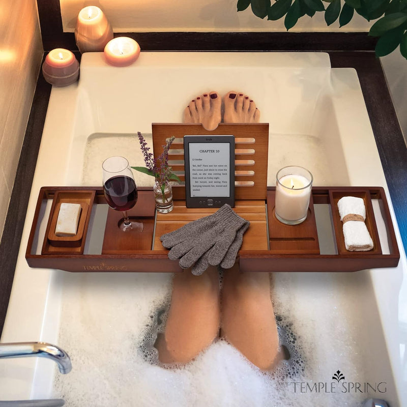 TEMPLE SPRING - Badewannenablage Bambus mit Kerzen-, Weinglas-, Buch-, Tablet-, iPad- und Telefonhal