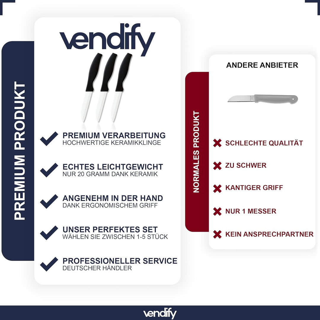 vendify® Keramikmesser 5er-Set Hochwertig sehr scharf - 16,5 cm lang - Küchenmesser mit Keramikkling
