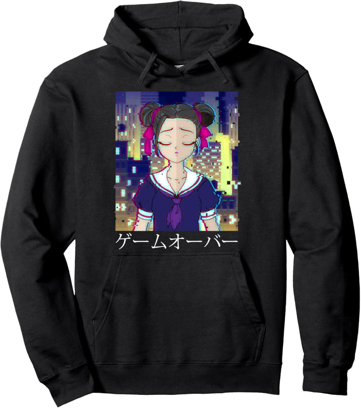 Trauriges Anime-Mädchen-Spiel über ästhetischem Japanisch Pullover Hoodie