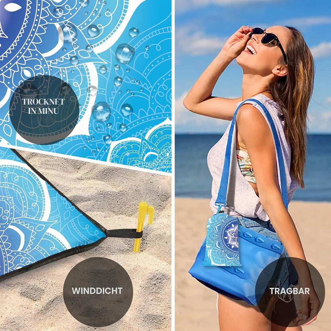 Stranddecke Sandfrei Wasserdicht Mandala 200x220cm Grosse Strandmatte Picknickdecke für 4-6 Personen