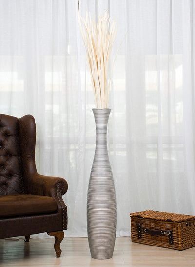 Leewadee Grosse Bodenvase für Dekozweige hohe Standvase Design Holzvase, Holz, 110 cm, Silber 110 cm