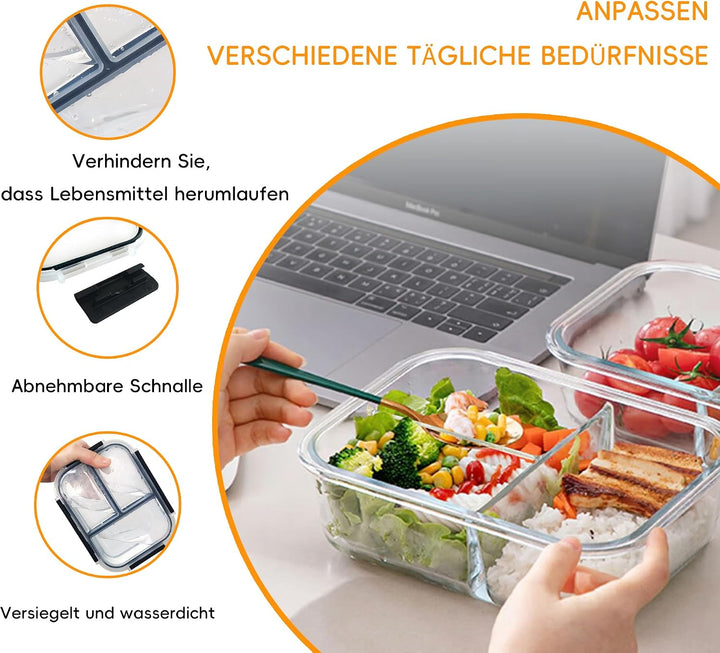 Meal Prep Boxen – 4x1040ML Frischhaltedosen Glas Mit Deckel Mit 3-Fach-Trennsystem | BPA-Freie Aufbe