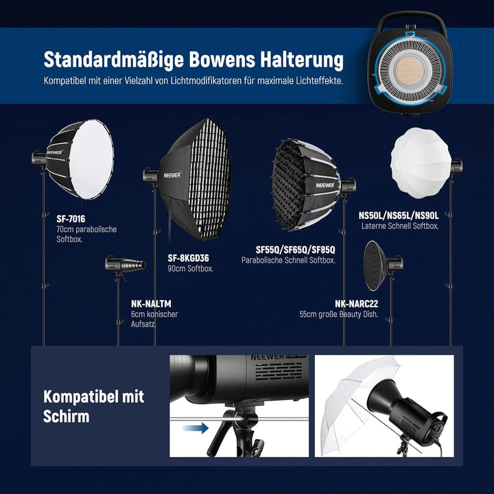 NEEWER CB60 RGB 70W LED Videoleuchte Studiolicht Bowens Halterung COB Vollfarbe 18000 Lux@1m CCT 270