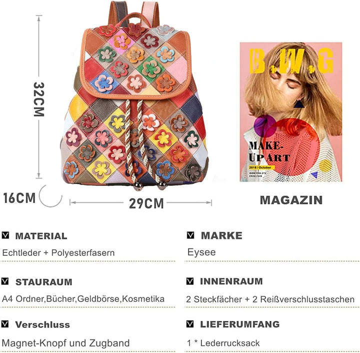 Eysee Rucksack Damen klein elegant aus echtem Leder mit Blumen für Alltag Mehrfarbig 1, Mehrfarbig 1