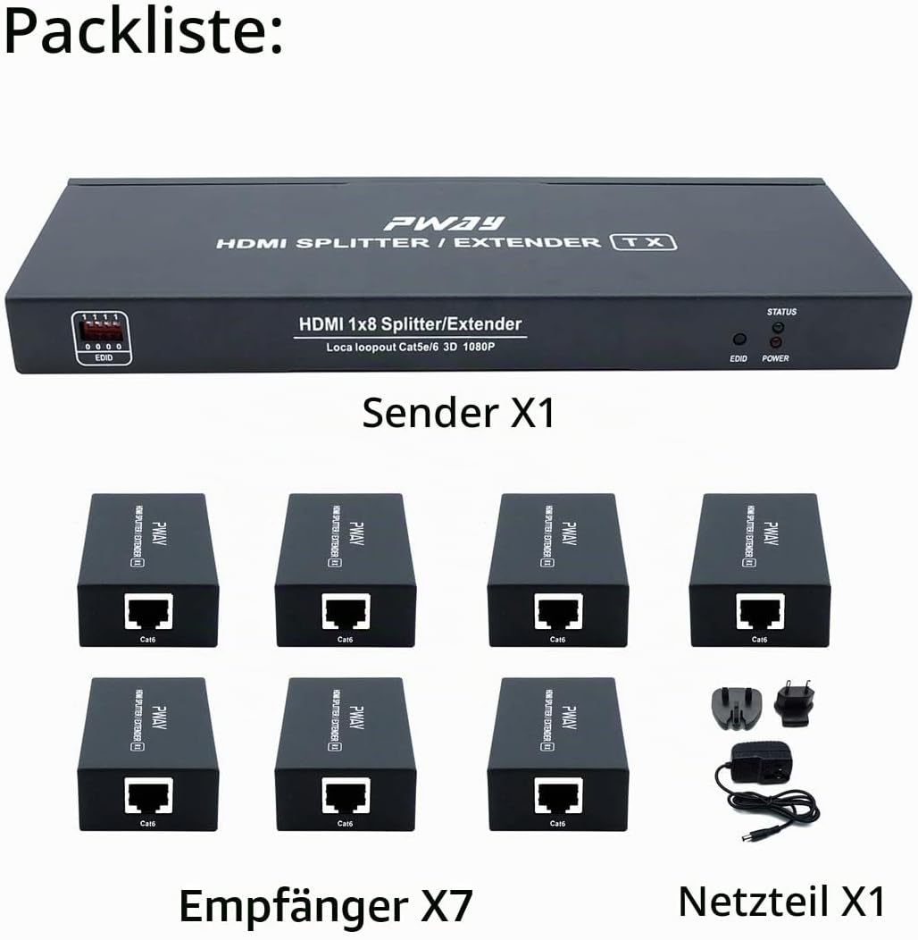 PW-HT226P7（POC） 1X7 Port HDMI Extender Splitter Verteiler Ultra HD 1080P Ohne Verzögerung 165ft(50m)