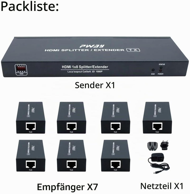 PW-HT226P7（POC） 1X7 Port HDMI Extender Splitter Verteiler Ultra HD 1080P Ohne Verzögerung 165ft(50m)