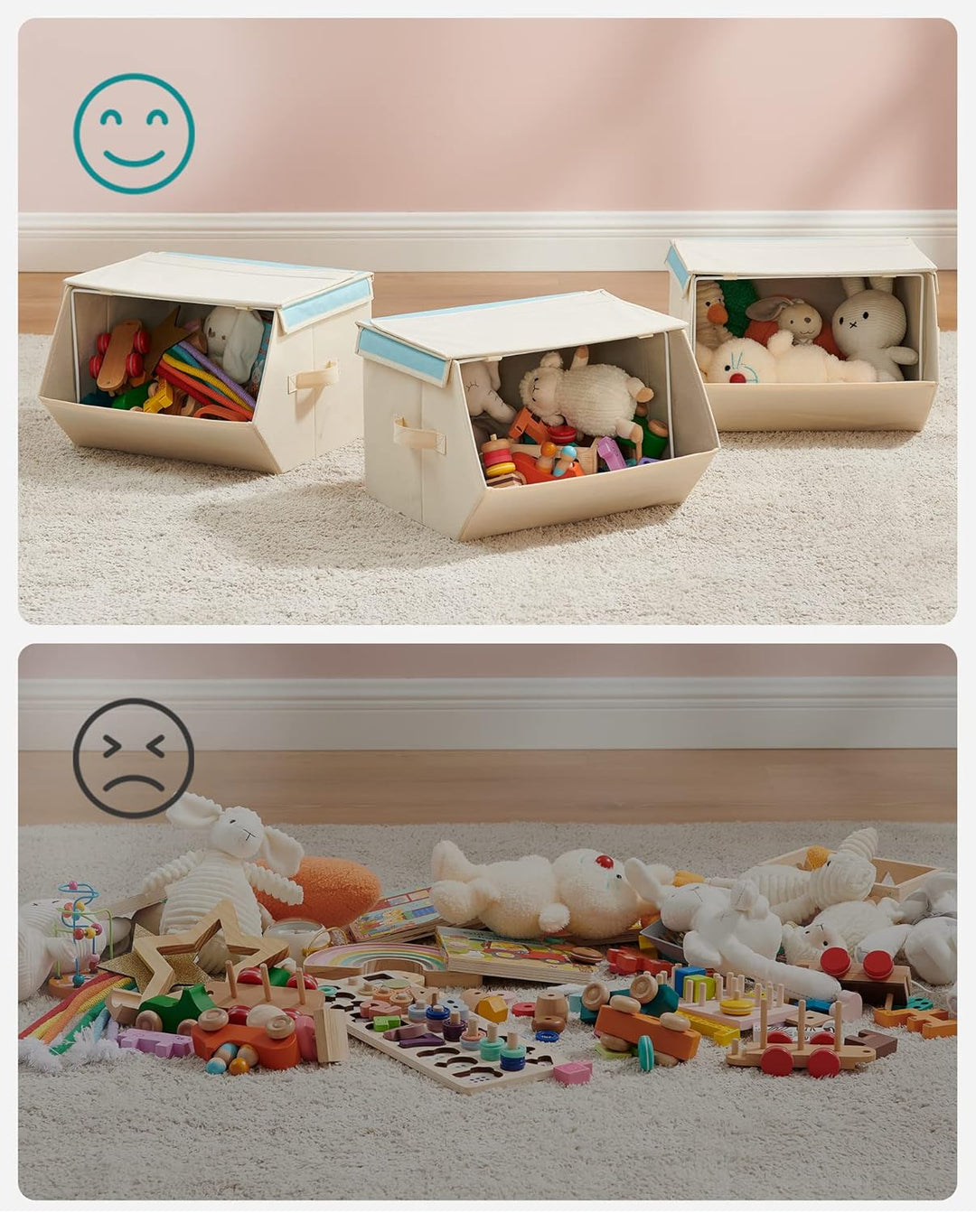 SONGMICS Aufbewahrungsbox Kinder, 3er Set, Faltboxen, Spielzeugkiste mit Deckel, 38 x 35 x 25 cm, fü