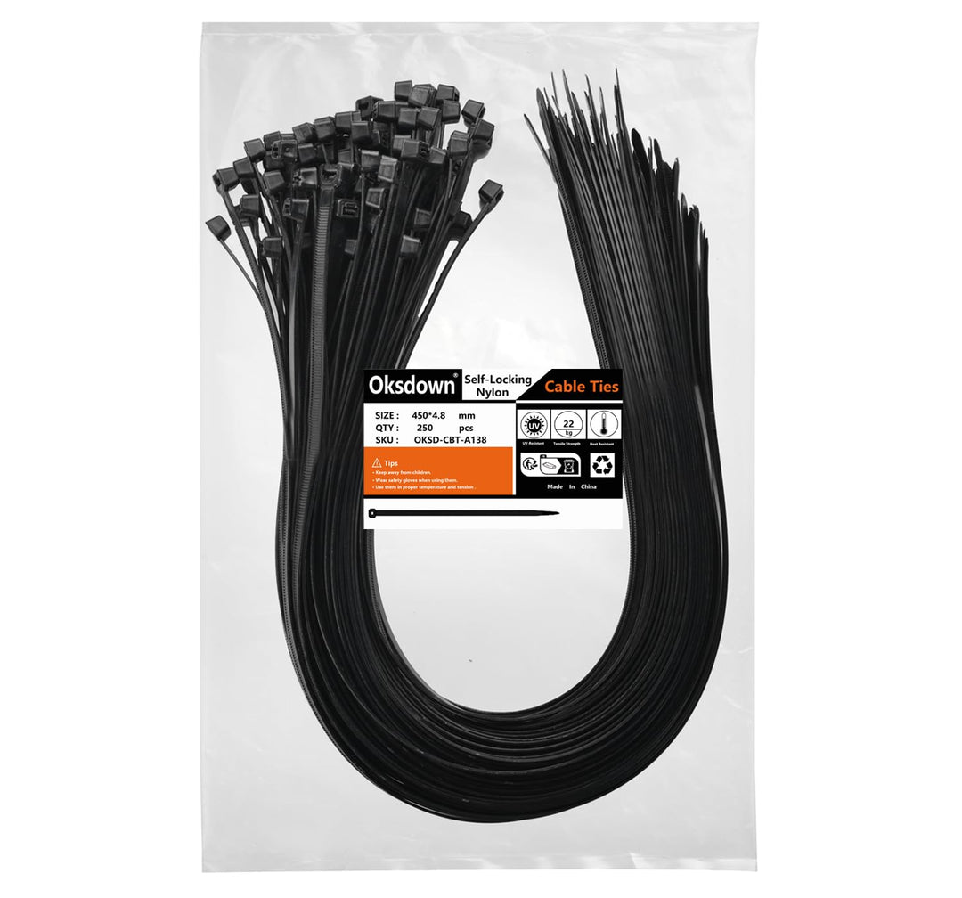 Oksdown Kabelbinder Schwarz 450mm × 4,8mm UV Beständig Nylon mit 22 kg Zugfestigkeit Extra lang Star