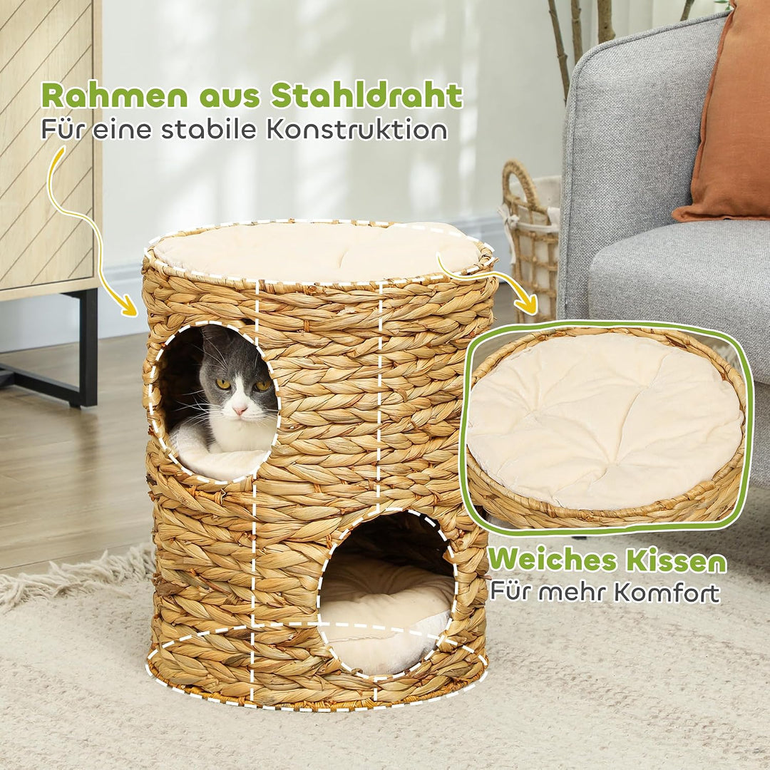 PawHut Kratztonne, 50 cm hoch Katzentonne mit 2 Höhle, Kratzbaum mit Kissen, Katzenturm aus Wasserhy