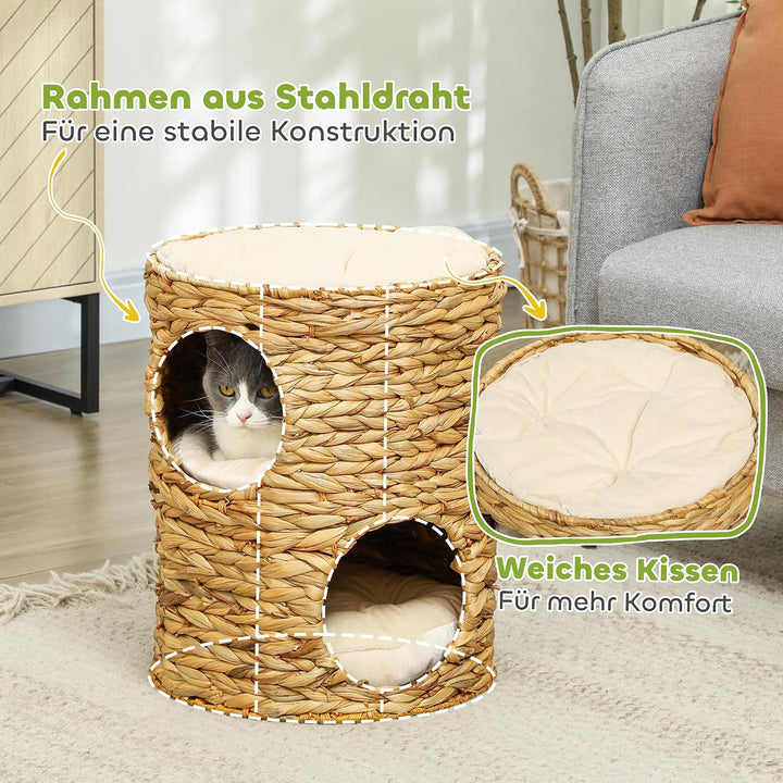 PawHut Kratztonne, 50 cm hoch Katzentonne mit 2 Höhle, Kratzbaum mit Kissen, Katzenturm aus Wasserhy