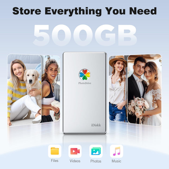 iDiskk 500 GB MFi-zertifizierte tragbare 3-in-1-Festplatte, mit 3 integrierten Kabeln, zur Datensich