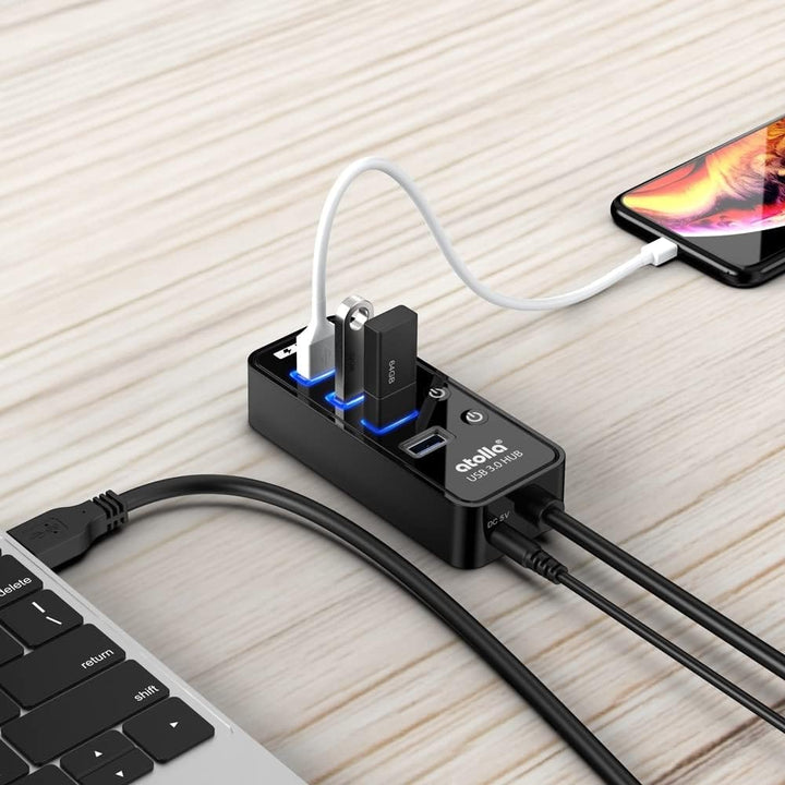 Atolla USB 3.0 Hub mit Strom versorgt, USB Hub mit 4 Ports Steckdosenleiste mit individuellen EIN-/A