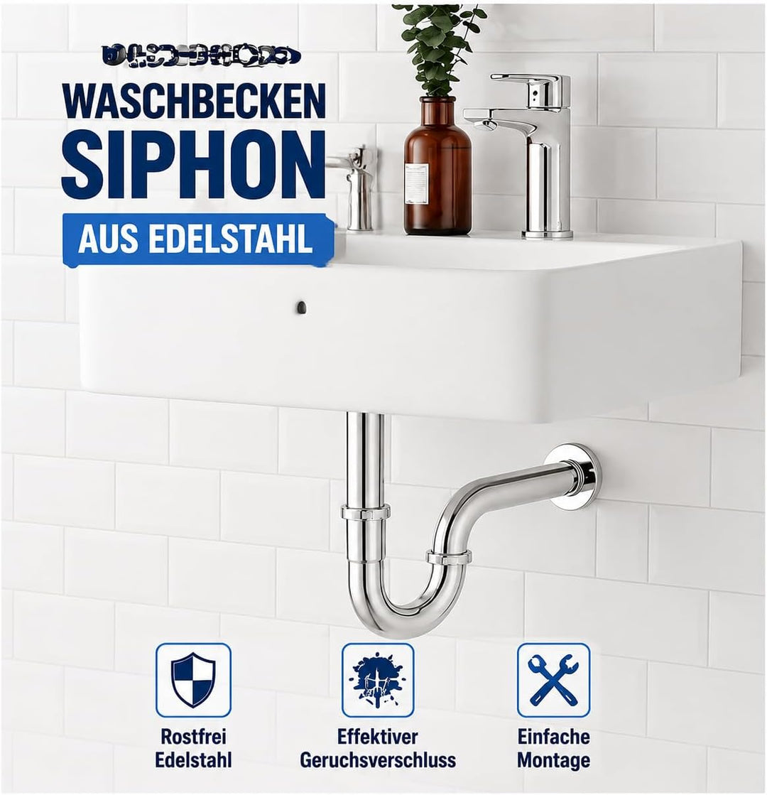 Universal Siphon Waschbecken 200mm Extra Lang G1-1/4" Edelstahl Abflussrohr, Ablaugarnitur Waschbeck