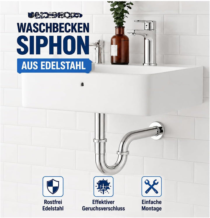 Universal Siphon Waschbecken 200mm Extra Lang G1-1/4" Edelstahl Abflussrohr, Ablaugarnitur Waschbeck