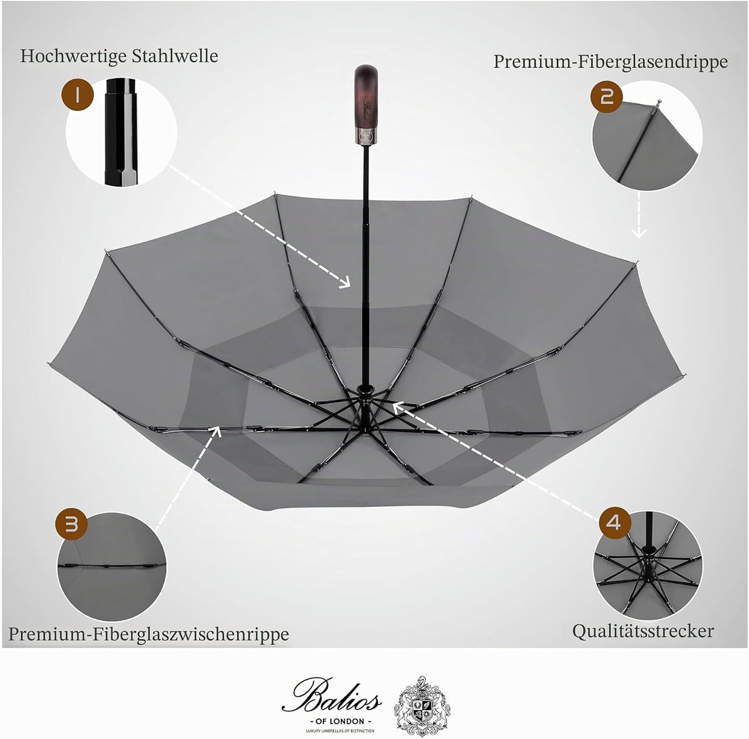 Balios® Regenschirm mit echtem Holzgriff | Auf Zu Automatik | Sturmfest & Windsicher | Damen & Herre