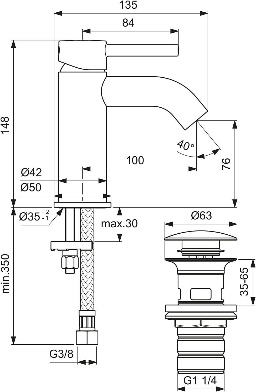 Ideal Standard BC822XG Ceraline Waschtischarmatur mit Push-Open Ventil, Bad-Wasserhahn mit Auslauf,