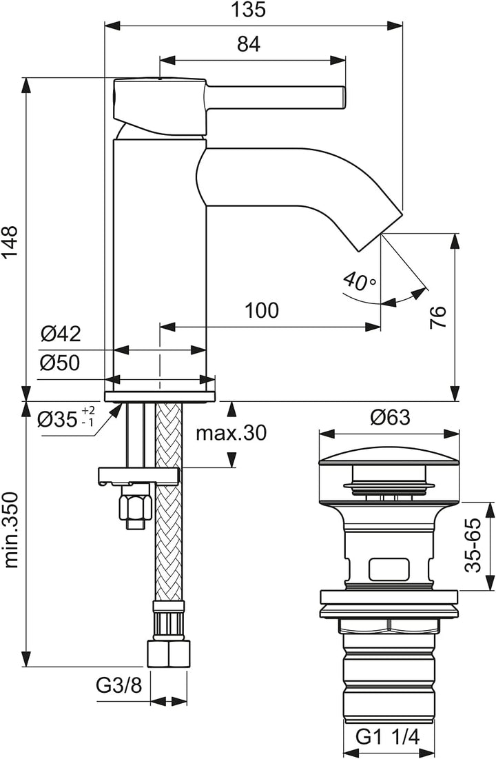 Ideal Standard BC822XG Ceraline Waschtischarmatur mit Push-Open Ventil, Bad-Wasserhahn mit Auslauf,