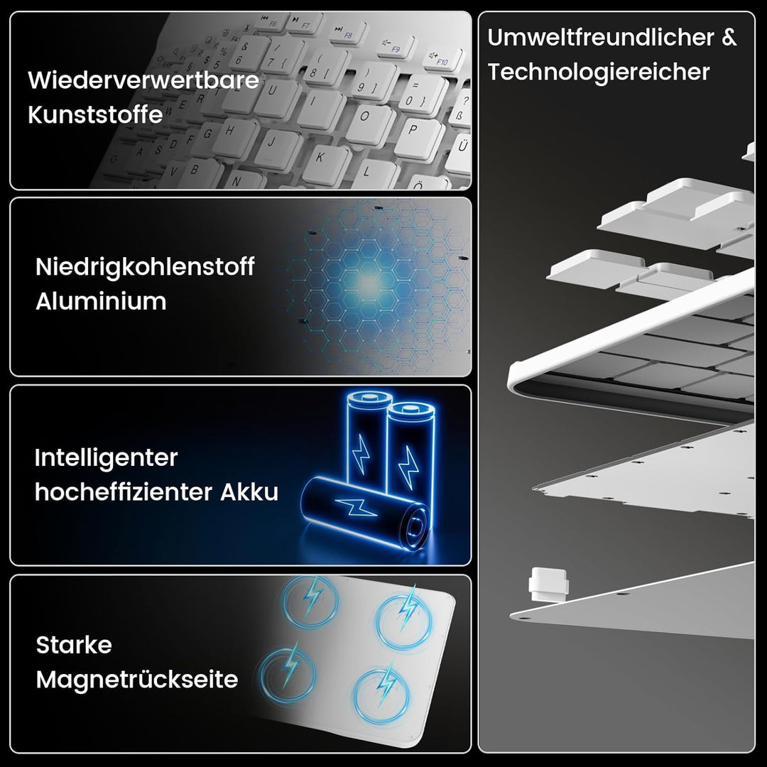 Ultradünn Bluetooth-Tastatur, Wiederaufladbare Kabellose Tastatur, Kompatibel mit iOS, Android, Wind