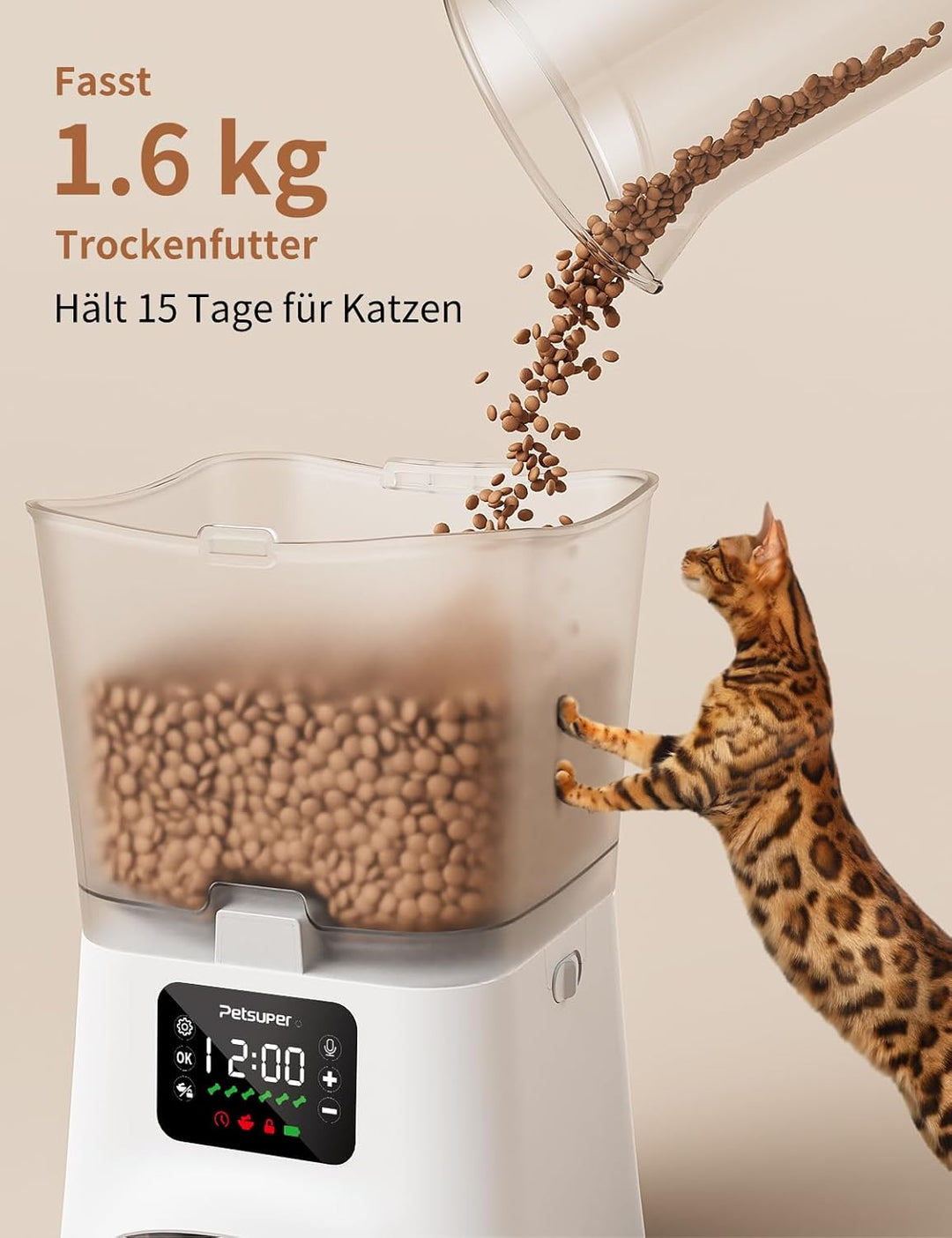 Futterautomat Katze,3L Katzenfutter Automat mit Programmierbarem Timer 1-6 Mahlzeiten pro Tag-Futter