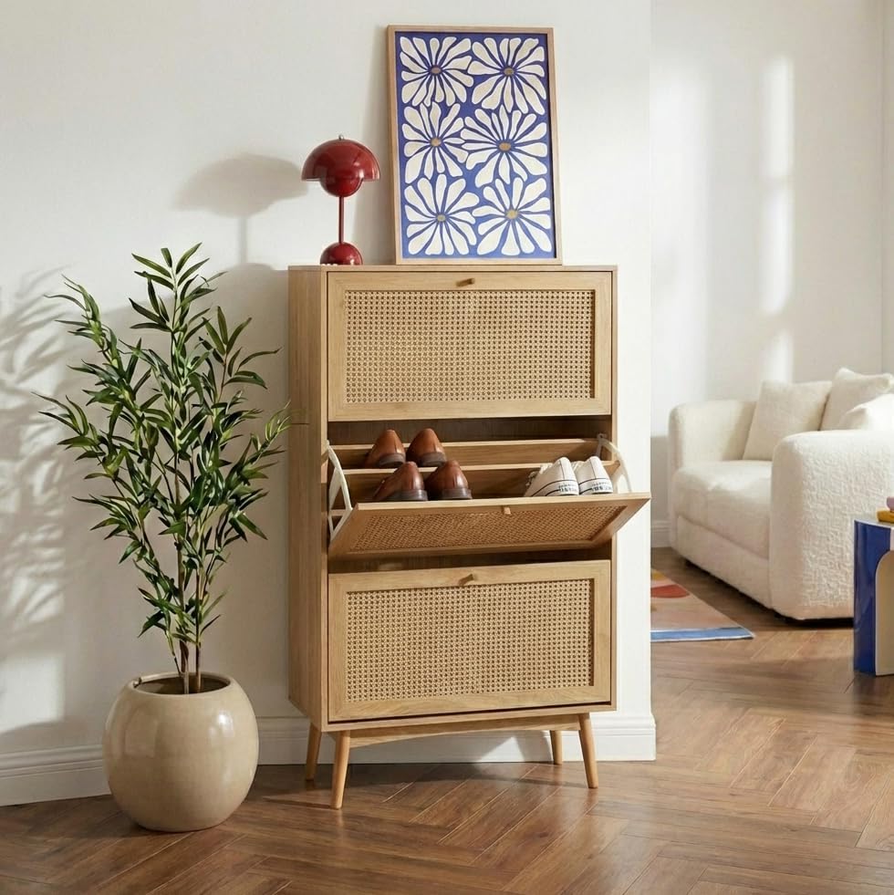 BAÏTA INES Schuhschrank in Eichenoptik und Rattangeflecht, Buchenholz, 80 cm