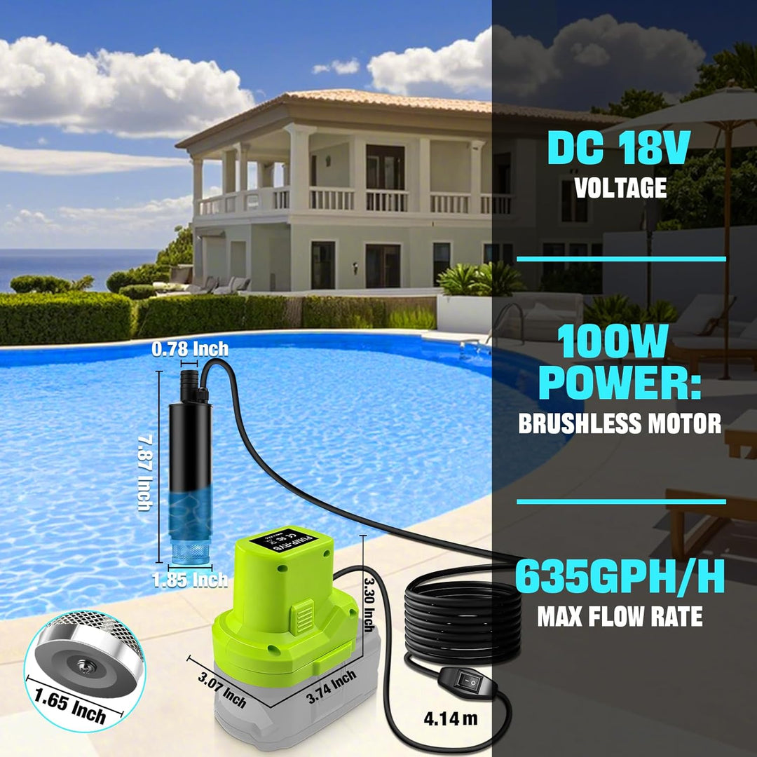 635GPH Tauchpumpe für Ryobi 18V Akku, kabellose Wasserpumpe mit Sedimentfilter, 100W Transferpumpe S