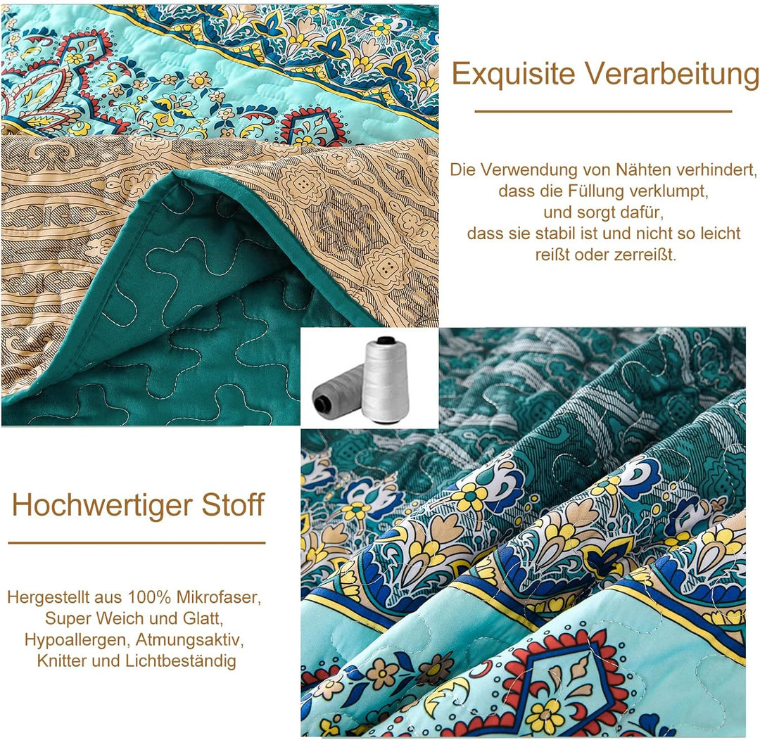 WONGS BEDDING Tagesdecke 220x240 Bettüberwurf Boho Decke Steppdecke 3 Teilig Doppelbett Gesteppt Bet