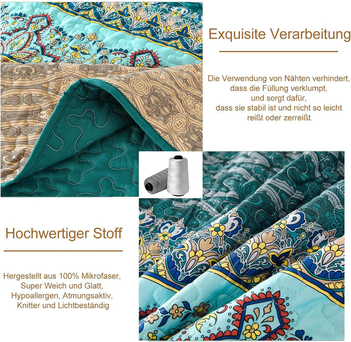 WONGS BEDDING Tagesdecke 220x240 Bettüberwurf Boho Decke Steppdecke 3 Teilig Doppelbett Gesteppt Bet