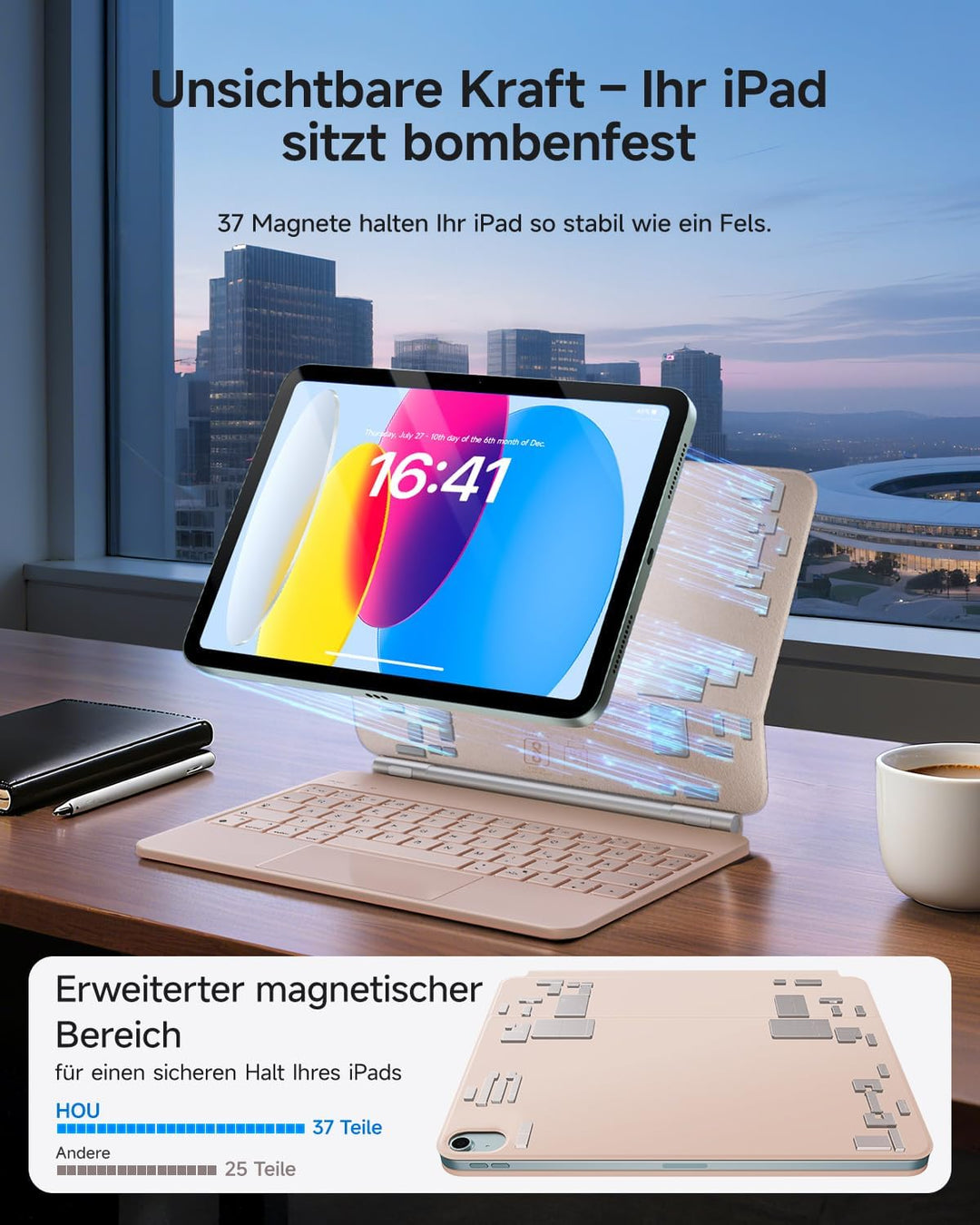 HOU Tastatur mit Trackpad für iPad 10(A2696/A2777/A2757), Magnetischer Ständer, 7-farbige Hintergrun