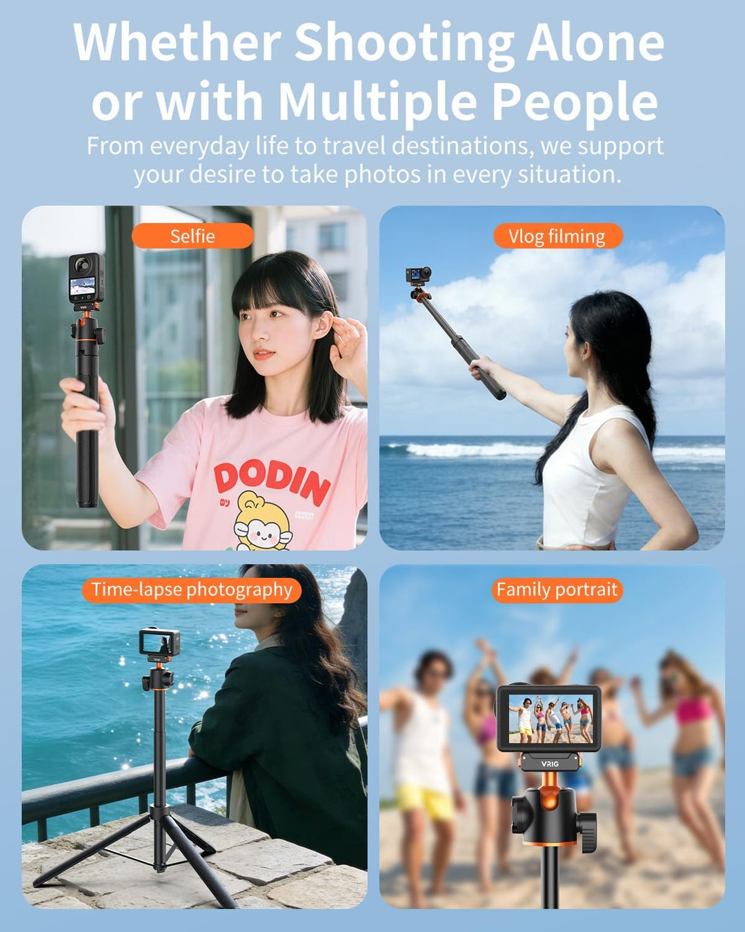 VRIG AC-40S Selfie Stick Stativ für DJI Osmo Action 5 Pro, Länge 33 bis 140 Zentimeter, 1/4-Zoll-Sch