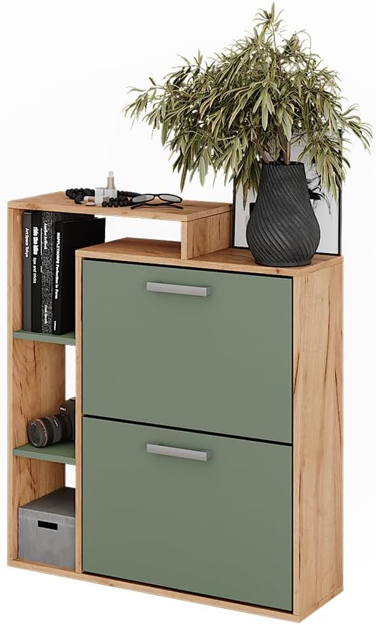Vicco Schuhkipper Orlando, Schuhregal, Goldkraft Eiche/Grün, 80 x 90 cm Goldkraft Eiche/Grün 2 Fäche