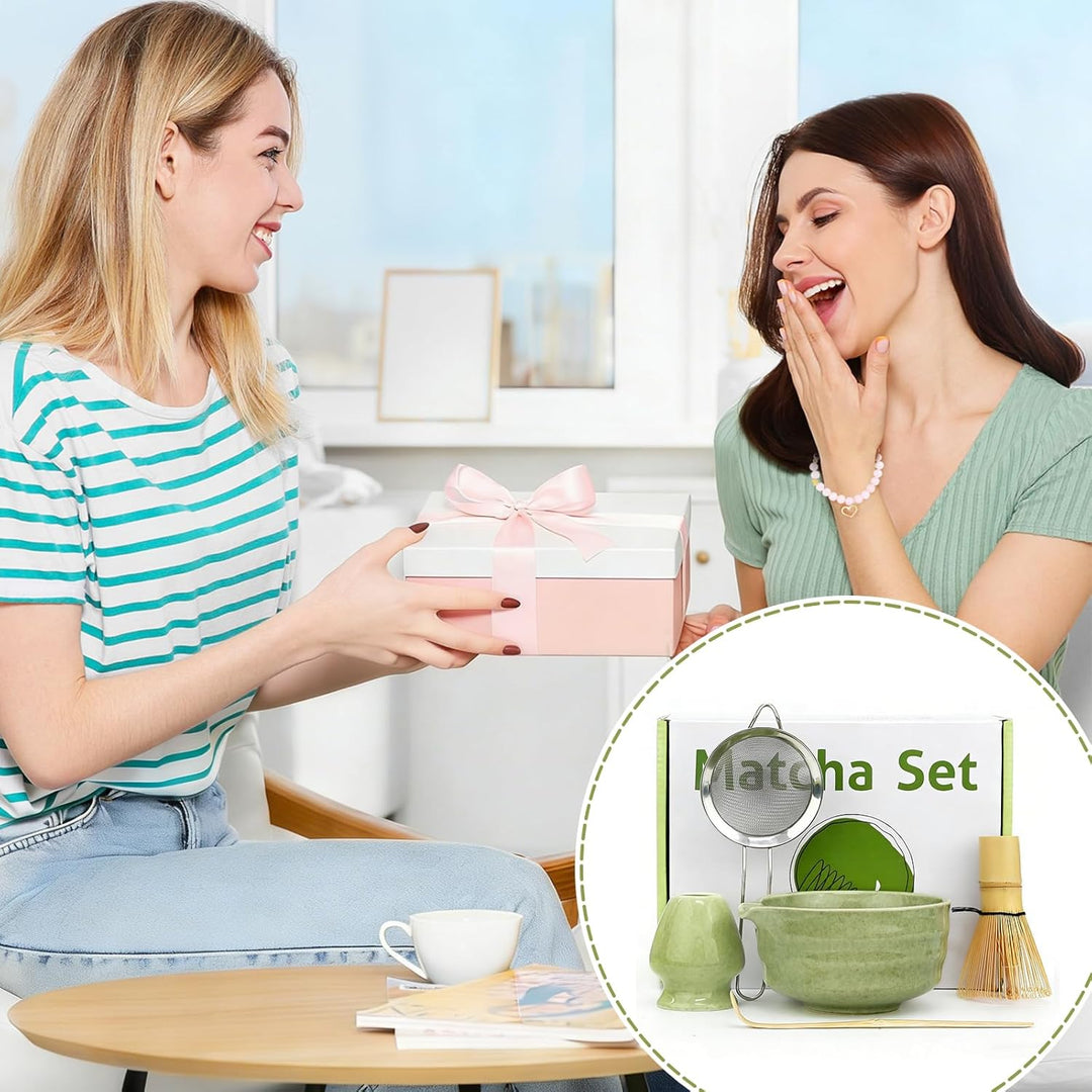 5 Stück Matcha Set, Japanisches Matcha Tee Set mit Bambusbesen, Keramik Schale mit Ausgiesser, Edels