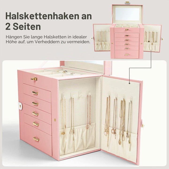 KAMIER Schmuckkasten Grosse, XXLSchmuckschatulle Holz mit 6 Ebenen Spiegel, Schubladen, Vintage Gerä