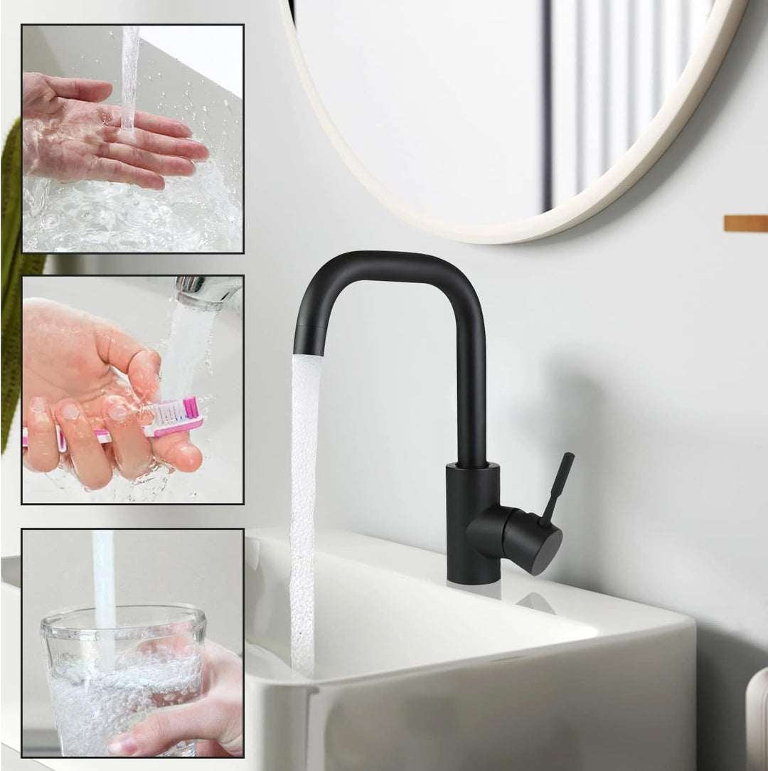 Wasserhahn Bad Waschtischarmatur Waschbecken - Schwarz Matt Armatur 360°Drehbar Kalt Warmwasserhahn