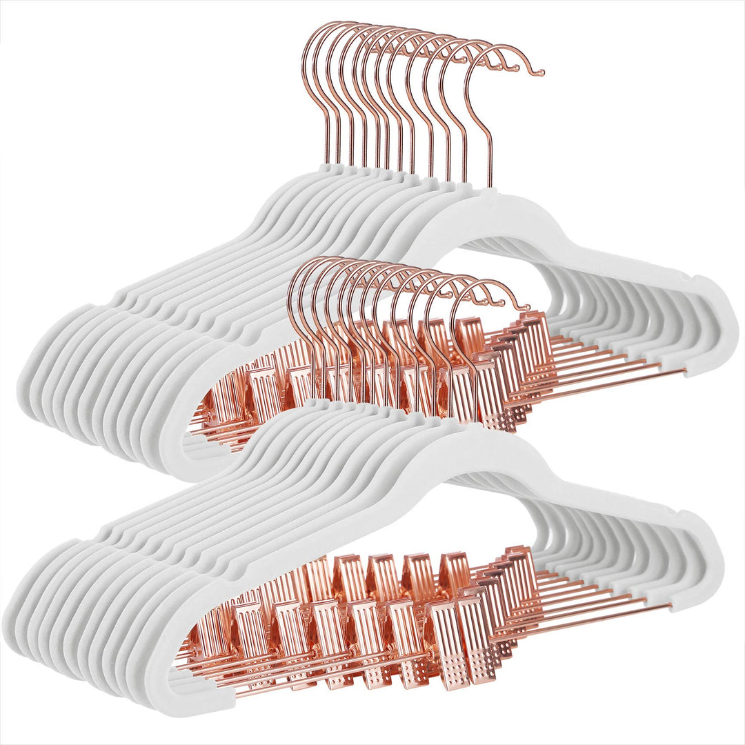 SONGMICS Kleiderbügel Samt, 24er Set, Hosenbügel, Bügel 42 cm lang, Haken in Roségold, verstellbare