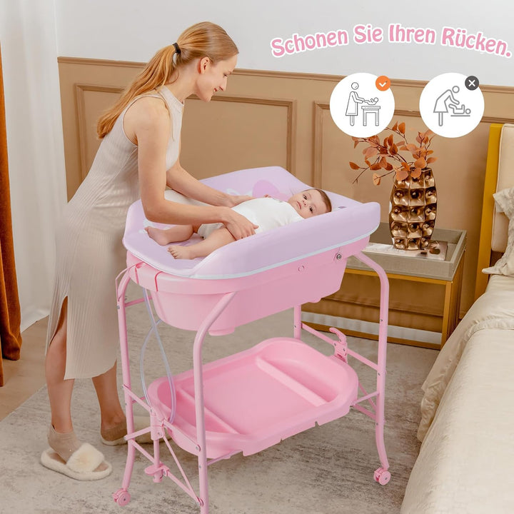 DREAMADE 2 in 1 Wickeltisch & Badewanne mit Gestell, Wickeltisch Klappbar, Wickelkommode auf Rollen