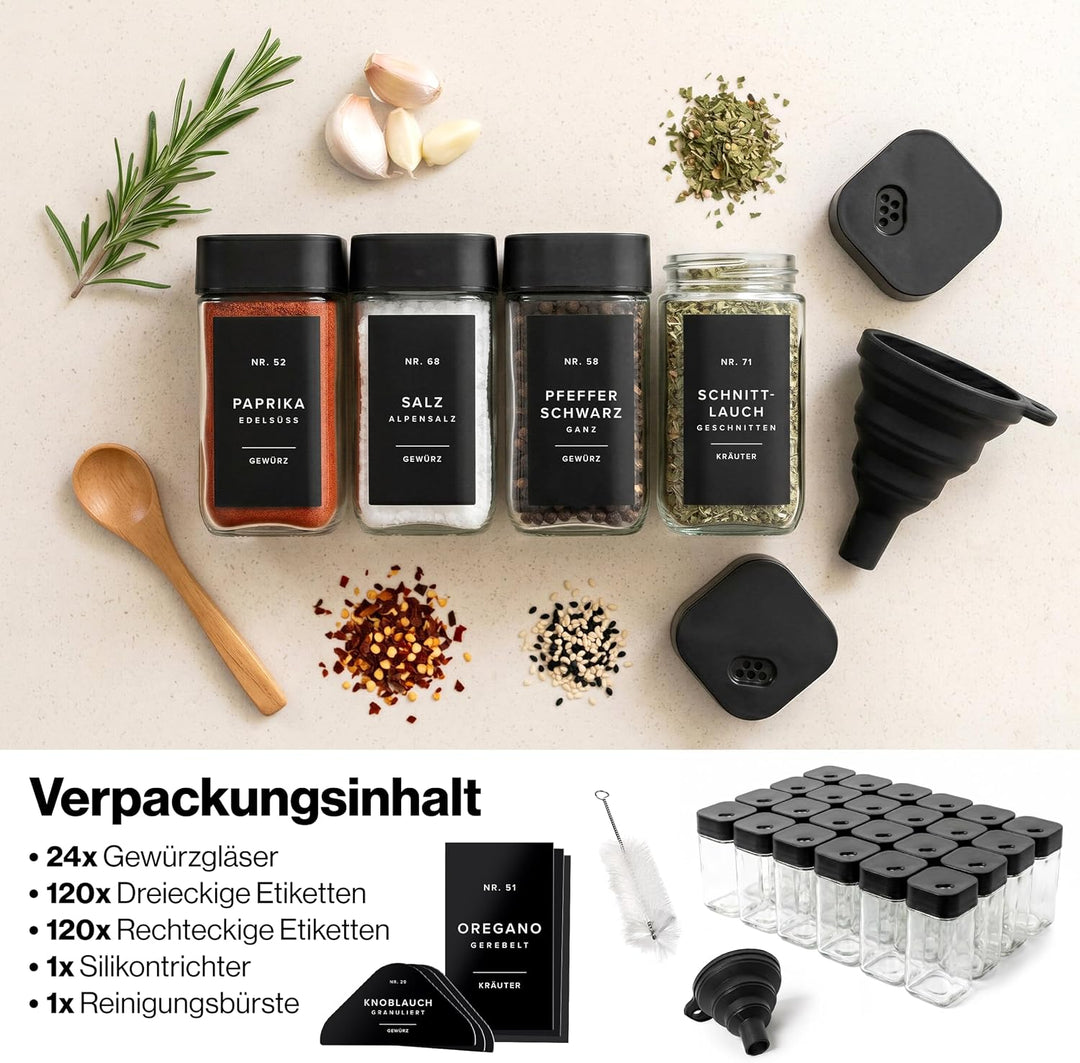 EDELHAUS Gewürzgläser Eckig Set mit Schwarzem Verstellbarerem Deckel (24 x 120ml) Gewürzstreuer mit